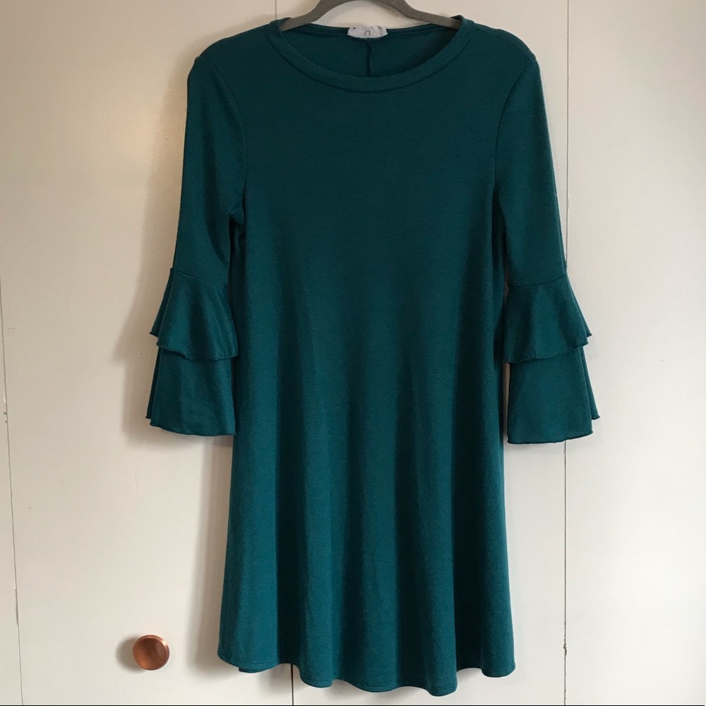 Teal bell sleeve dress